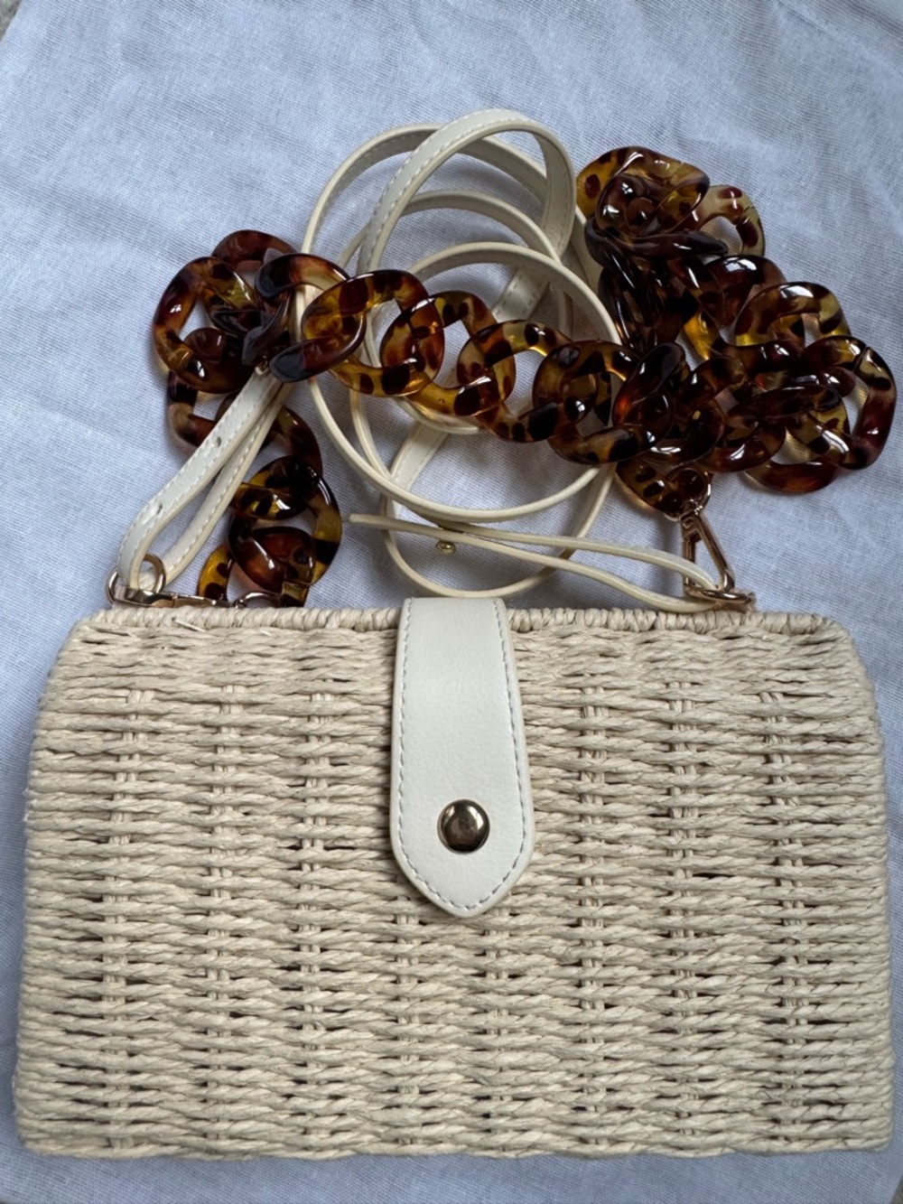 A New Day Cream Woven Straw Crossbody with Tortoiseshell Chain Strap